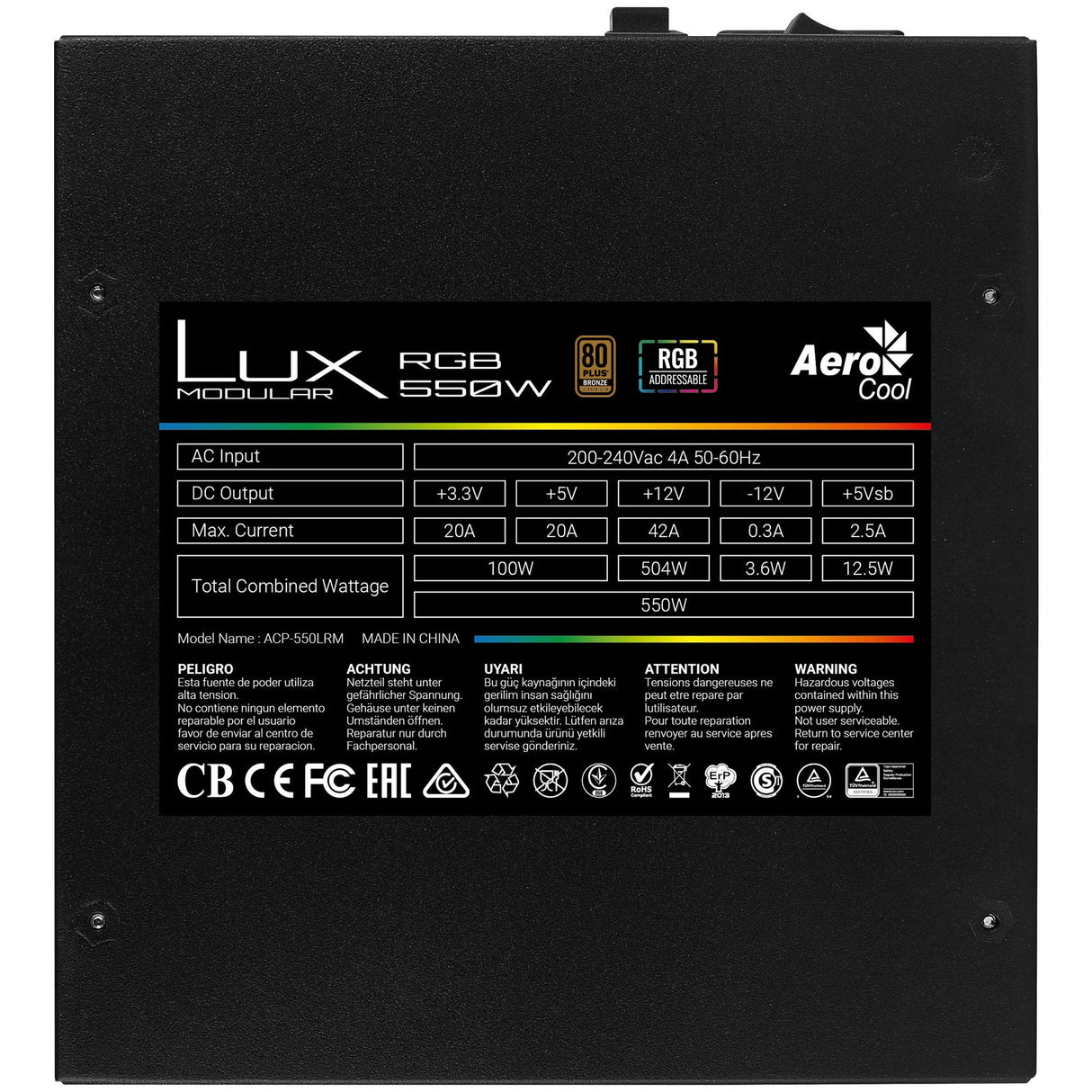 Fuente De Alimentación Aerocool Lux Rgb 550m 550w Ventilador 12cm 80 Plus Bronze