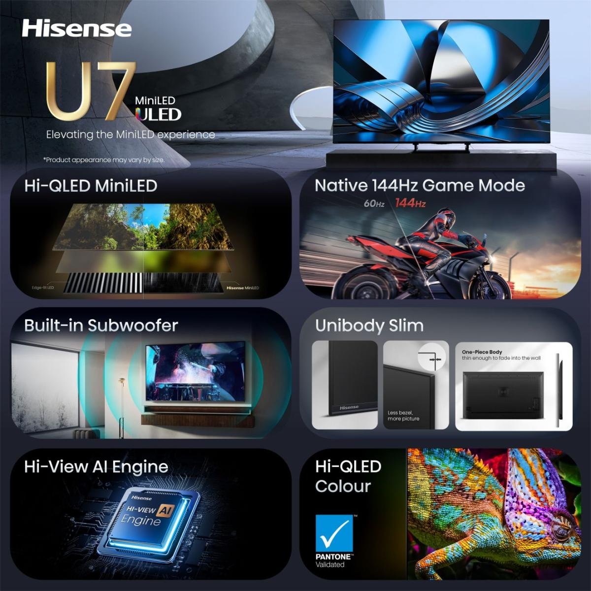 139,0cm 55" (3840x2160) Hisense 55u7se Smart Tv 4k Uled Miniled 6ms 144hz Hdmi Usb Lan Hdr Vesa Wifi Bluetooth Black