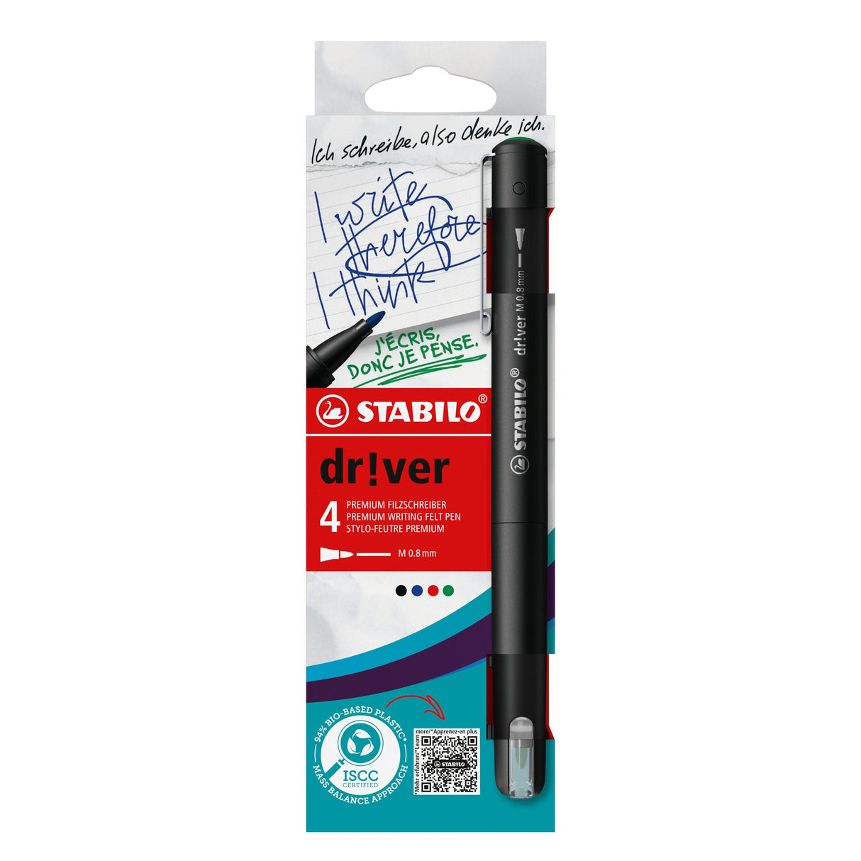 Stabilo Dr!Ver Pack De 4 Rotuladores De Punta Media 0.8mm - Tinta A Prueba De Manchas, Inodora Y Con Base Al Agua -