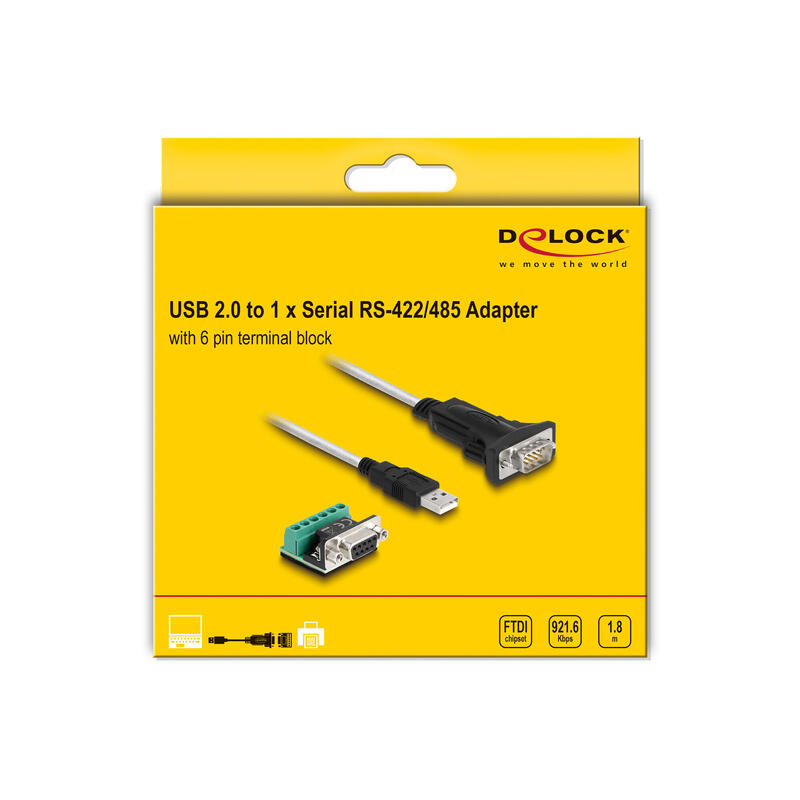 Delock 63465 Adaptador Usb 2.0 Tipo-A A 1 X Serie Rs-422/485 Macho Con Bloque De Terminales De 6 Pines 5 V 1,8 M