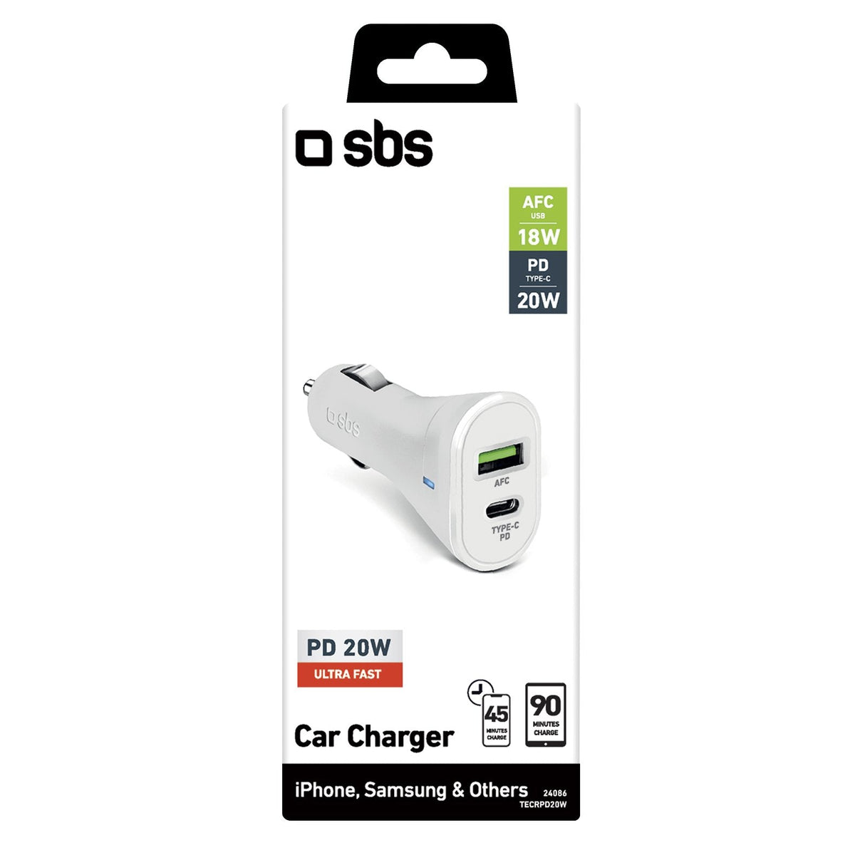 Cargador Coche Sbs 1xtype-C Pd 20w Output + 1xusb 2.1 A Blanco Para Iphone