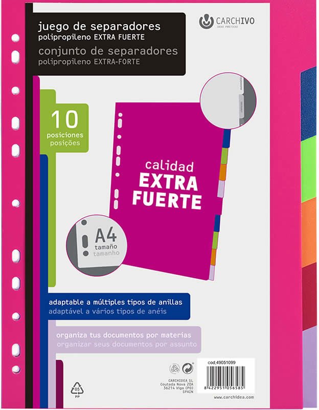 Carchivo Separadores Juego 10 Posiciones A4 Pp Extra Fuerte Fashion C/Surtidos