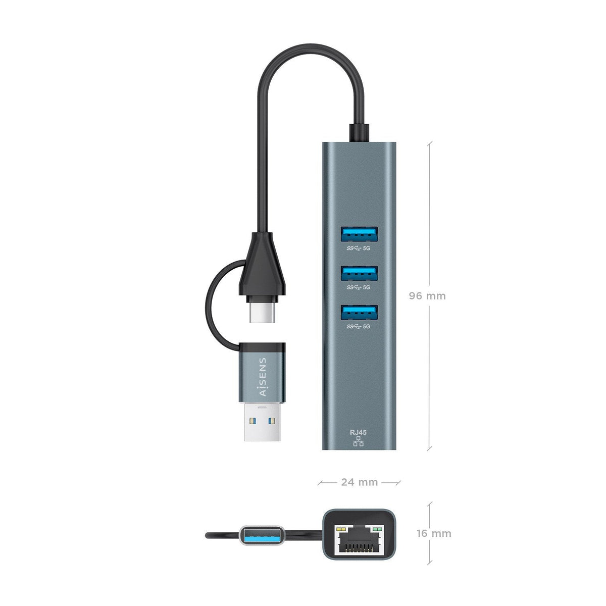 Hub Usb + Usb Tipo-C 3.2 Aisens A109-1033 3xusb 1xrj45 Gris