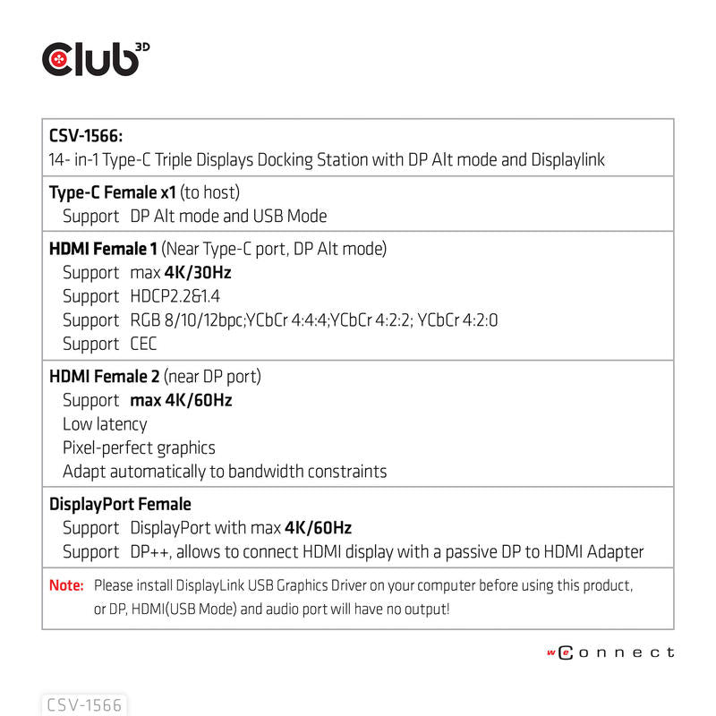 Dockingstation Club3d Csv-1566 (Usb Gen1 Type-C Triple Display Dp Alt Mode + Displaylink Dynamic Pd Charging Docking Con 120 Watt Ps)