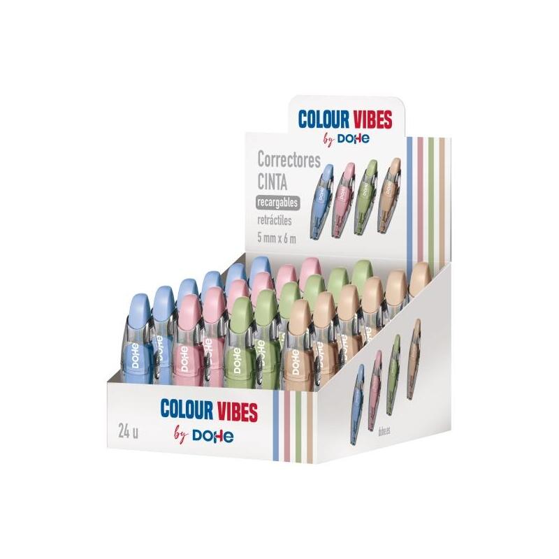Dohe Colour Vibes Expositor Con 24 Cintas Correctoras - 5mm X 6m - Pulsador Retractil - Recargable - Cuerpo Ergonomico
