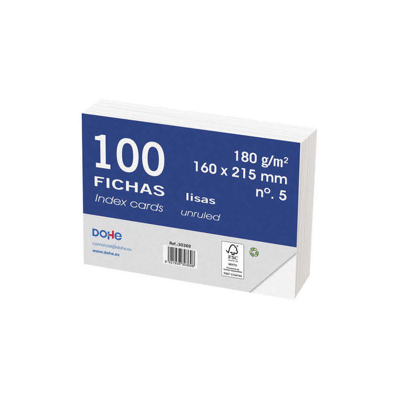 Dohe Fichas De Cartulina Offset Blanca - 180g - Paquete De 100 Fichas - Lisas