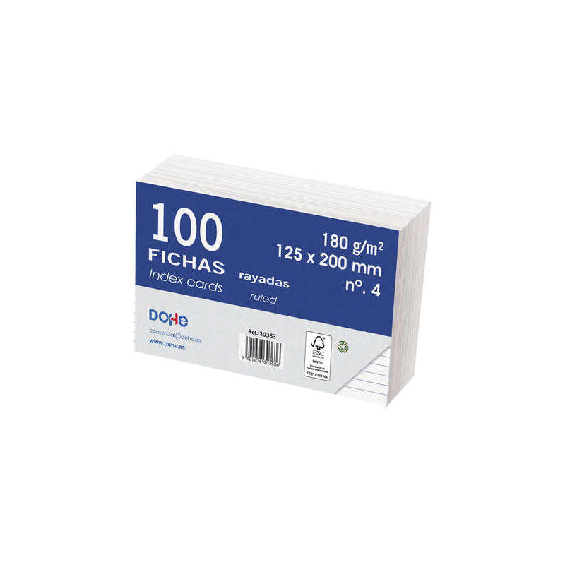 Dohe Fichas De Cartulina Offset Blanca - 180g - Rayadas - Paquete De 100 Fichas