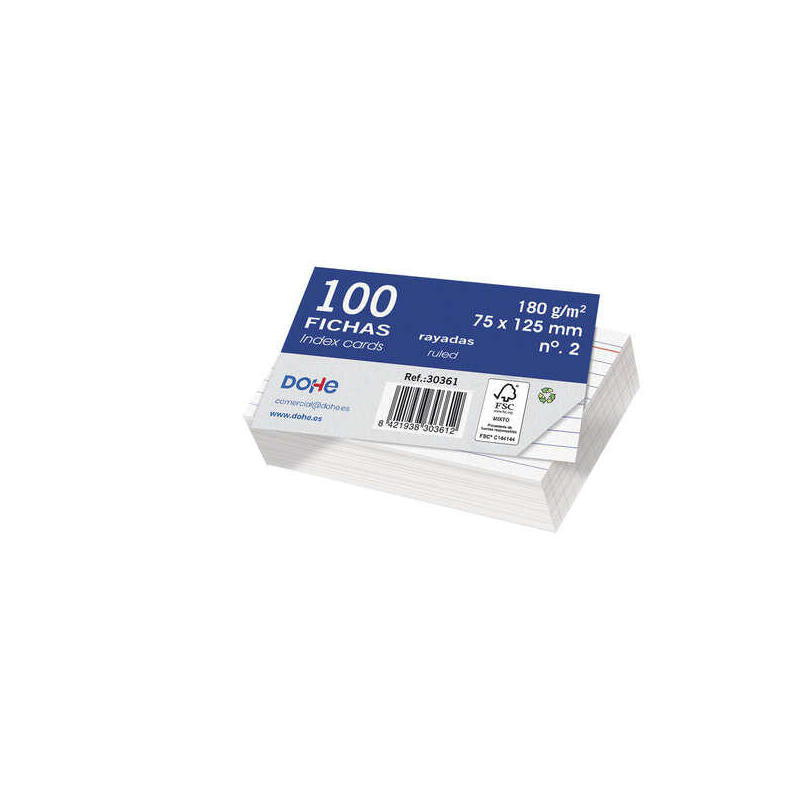 Dohe Fichas De Cartulina Offset Blanca De 180g - 100x150mm - Rayadas - Paquete De 100 Fichas
