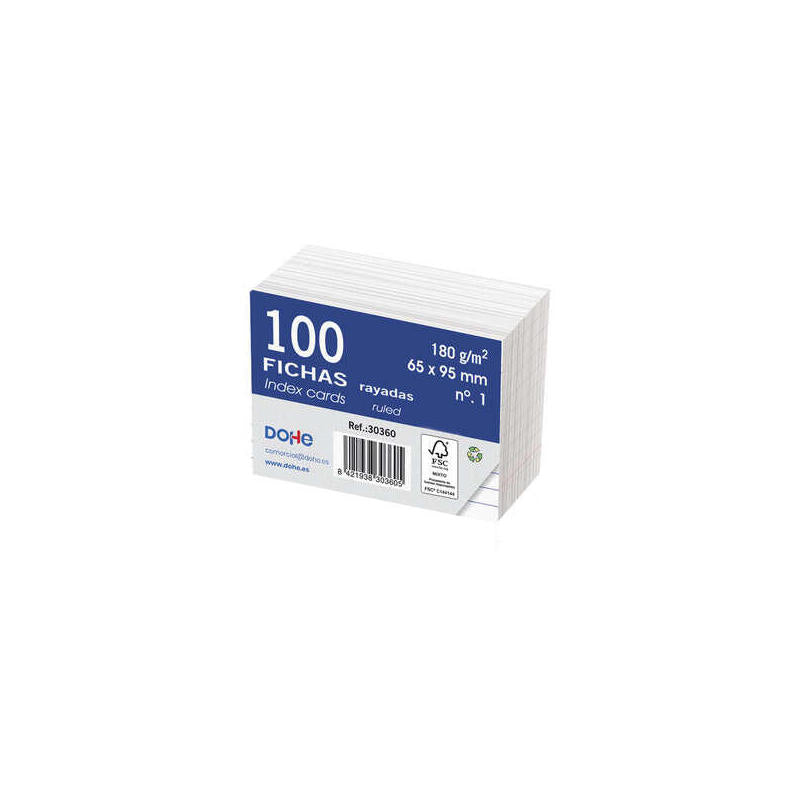 Dohe Fichas De Cartulina Offset Blanca De 180g - 100x200mm - Rayadas - Paquete De 100 Fichas