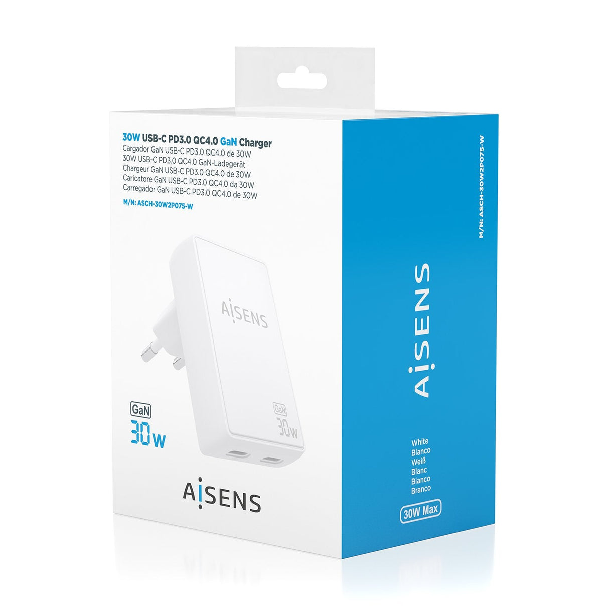 Aisens Cargador De Pared Gan Ultra Delgado 30w, 2xusb-C Pd3.0 Qc4.0, Blanco