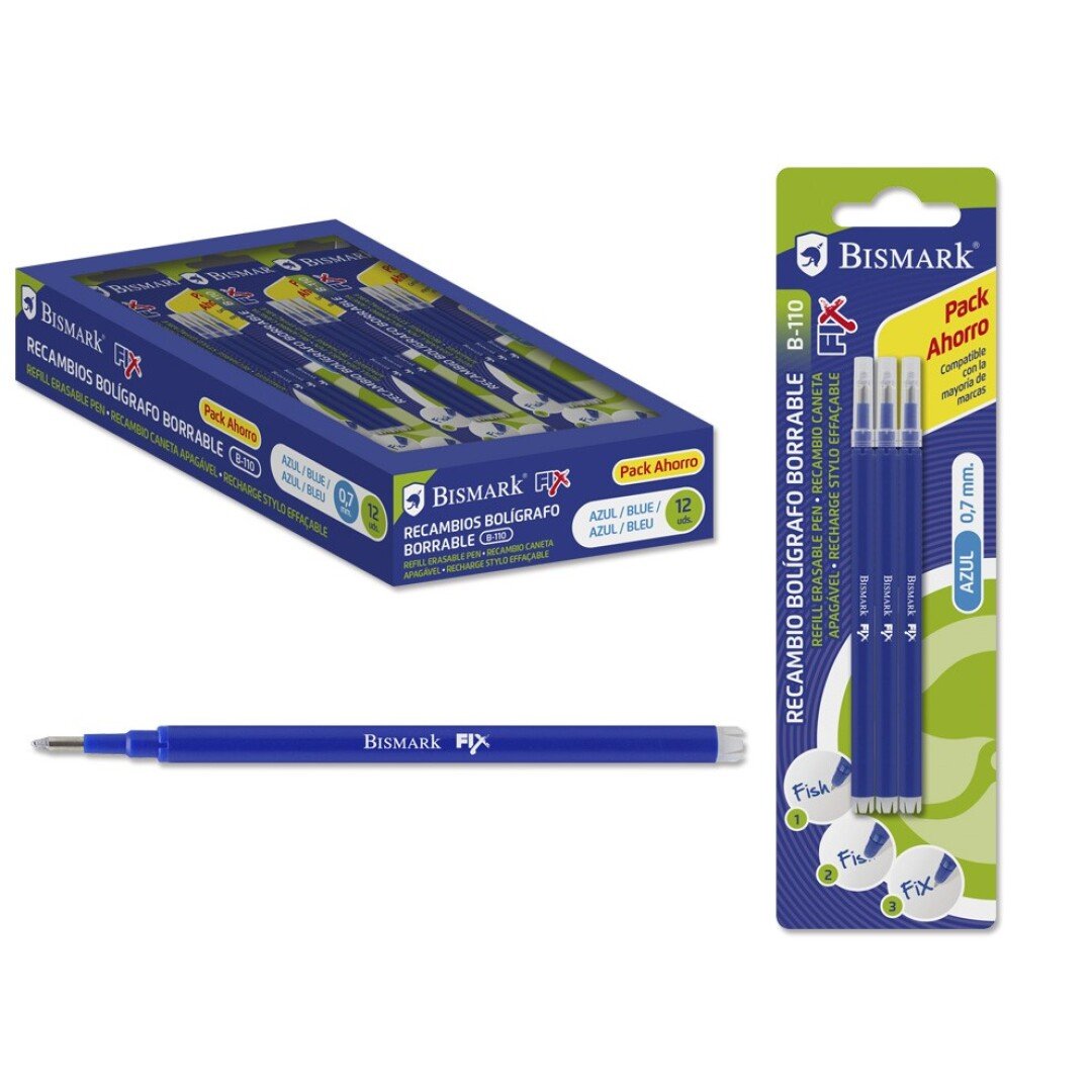 Bismark Fix Pack De 3 Recambios Para Boligrafo Borrable - Punta Fina 0.7mm - Color Azul