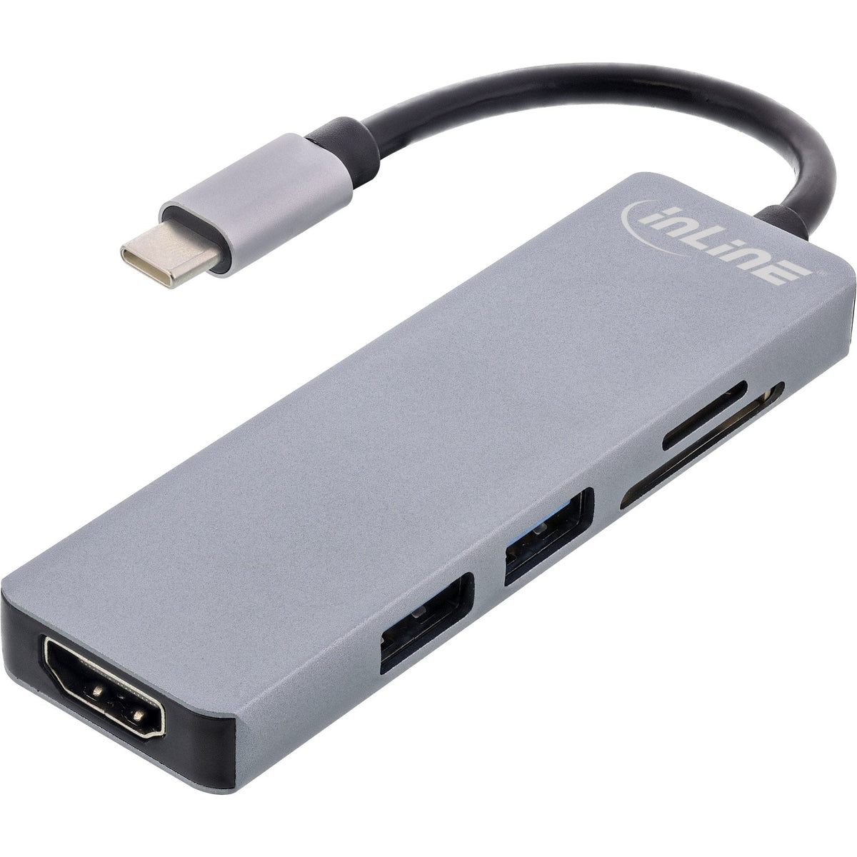 Hub Inline Usb 3.2 Gen.1, 2x Usb-A 5gbps + Hdmi 4k/30hz + Lector De Tarjetas, Aluminio, Gris