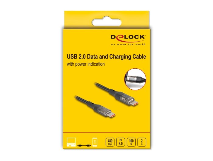 Delock 85409 Cable De De Datos Y Carga Rápida Usb 2.0 Usb Type-C Macho A Macho Pd 3.0 100 W Con Indicación De Potencia Transparente 2 M