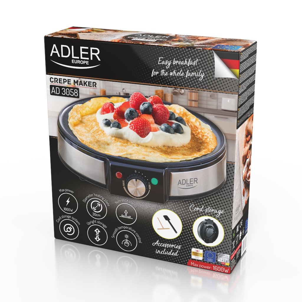 Adler Ad 3058 Crepe Maker, 1600 W, 30 Cm, Stainless Steel Black