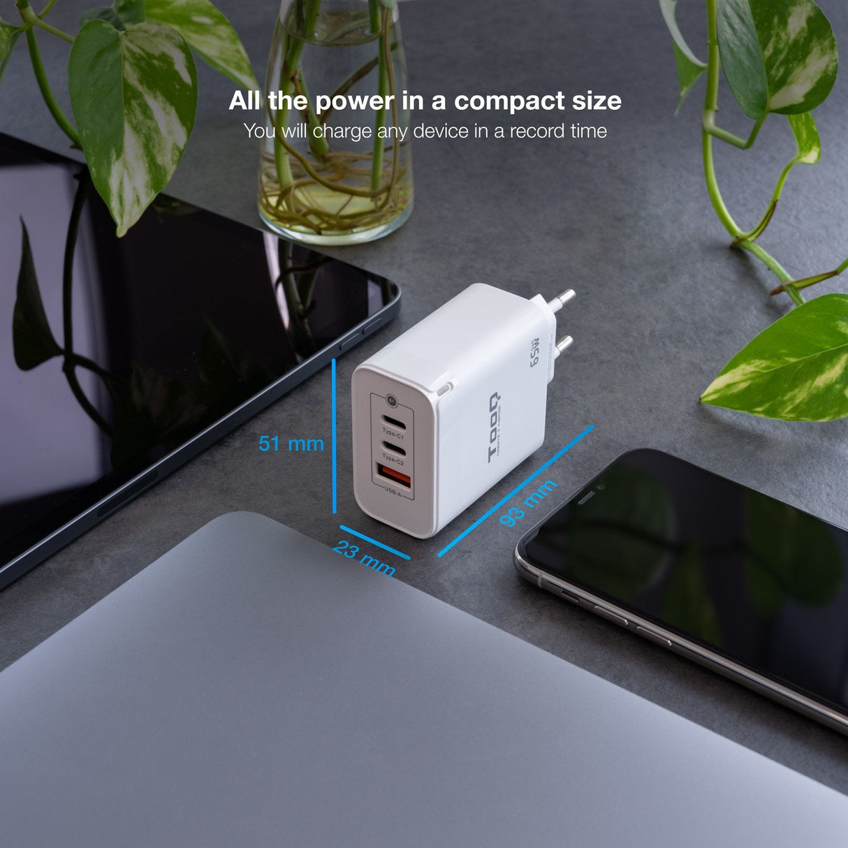 Tooq Cargador De Pared Gan 2 Usb-C/Pd + Usb-A/Qc 65w - Blanco