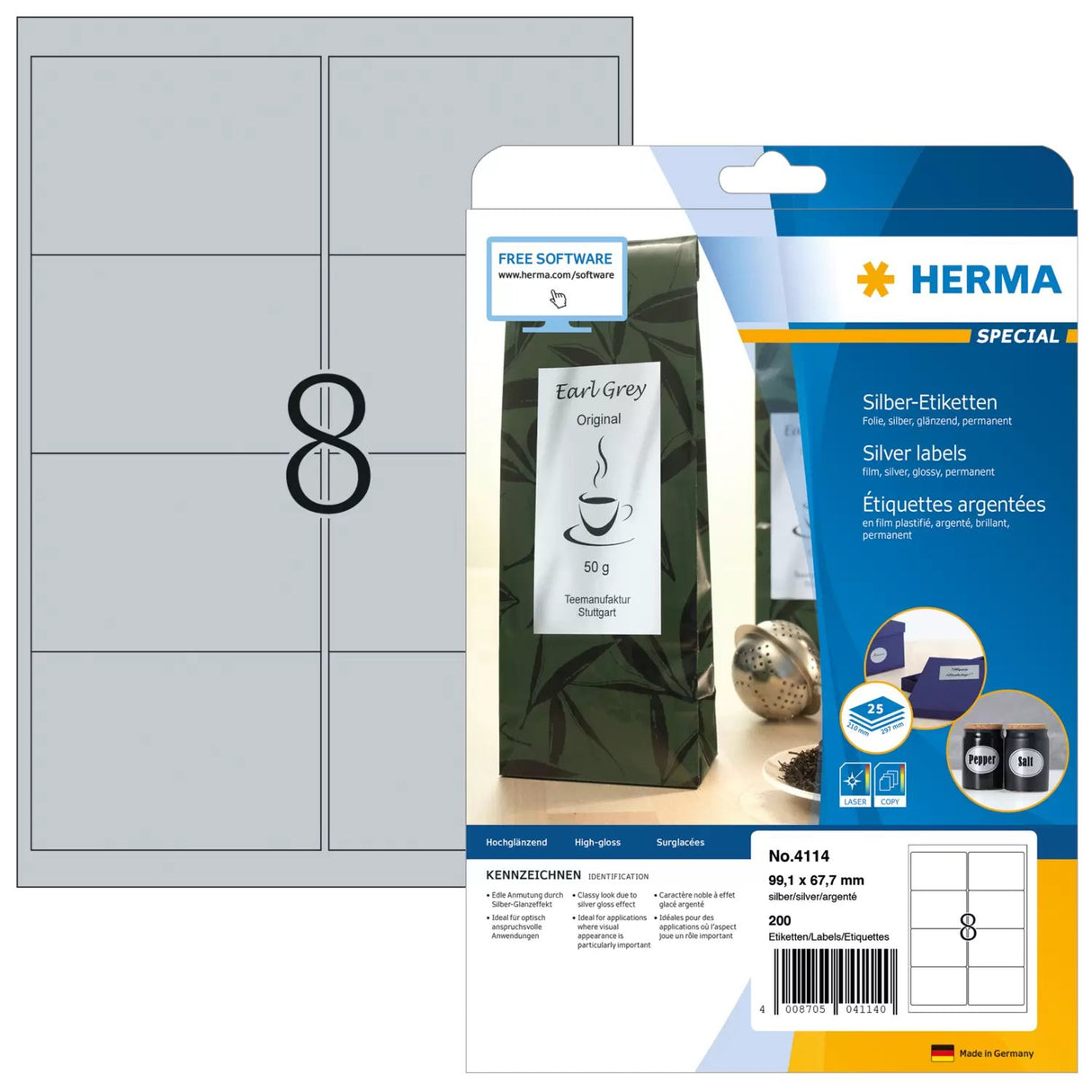 EAN 4008705041140 - HERMA 4114 etiqueta de impresora Plata Etiqueta para impresora autoadhesiva imagen 1