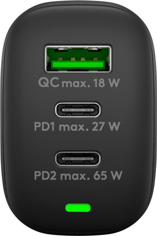 Cargador Goobay  Rápido Multipuerto Usb-C, Pd, Gan, 65 Vatios Negro, 2x Usb-C, 1x Usb-A, Power Delivery, Quickcharge 65407