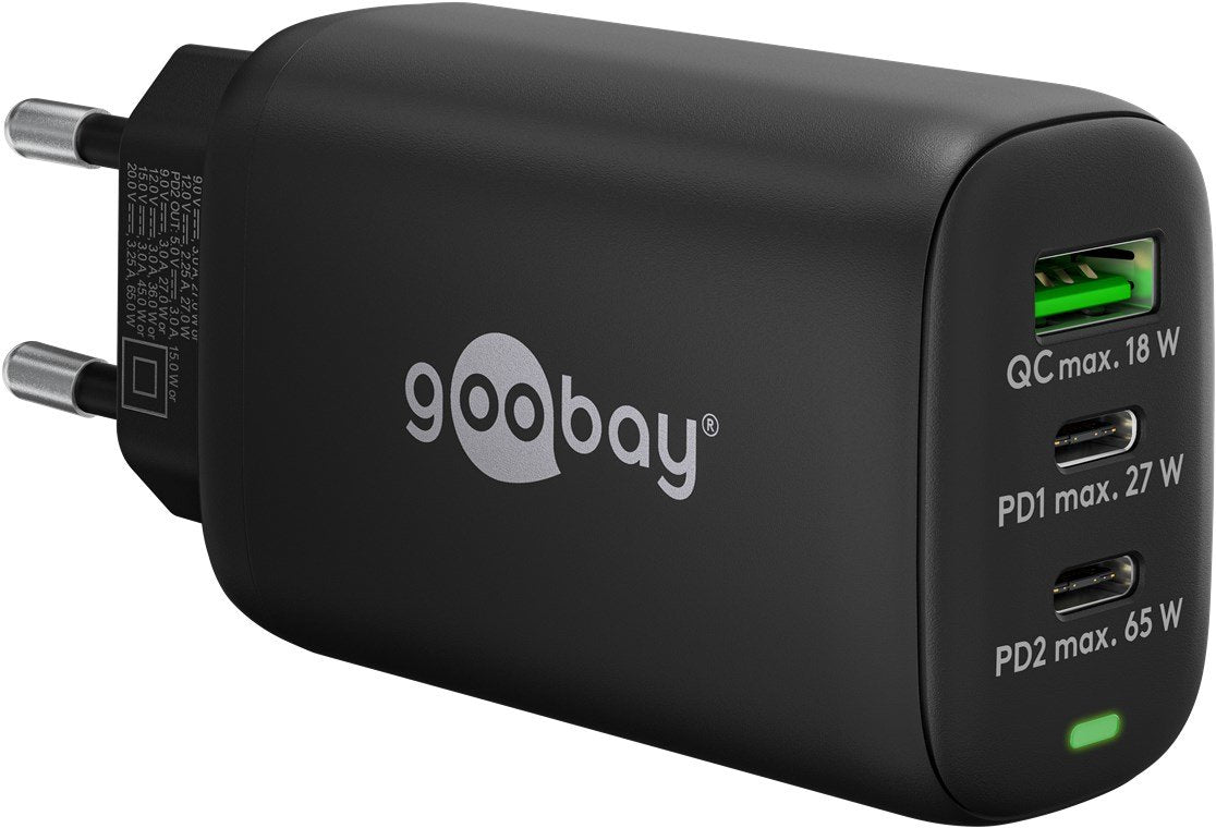 Cargador Goobay  Rápido Multipuerto Usb-C, Pd, Gan, 65 Vatios Negro, 2x Usb-C, 1x Usb-A, Power Delivery, Quickcharge 65407