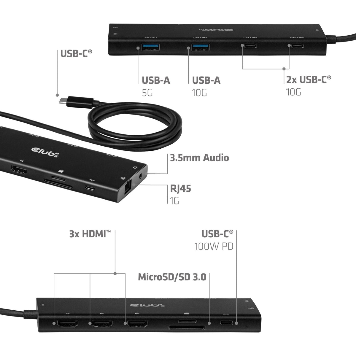 Club3d Usb-C 12in1-Hub >3xhdmi/3xusb-C/Usb/Lan 8k30hz Pd140w Retail