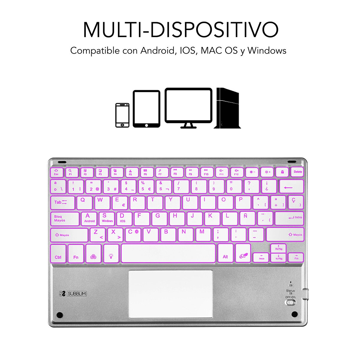 EAN 8436586740603 - SUBBLIM TECLADO SMART BACKLIT TOUCHPAD BLUETOOTH SILVER QWERTY Español Plata, Blanco imagen 2