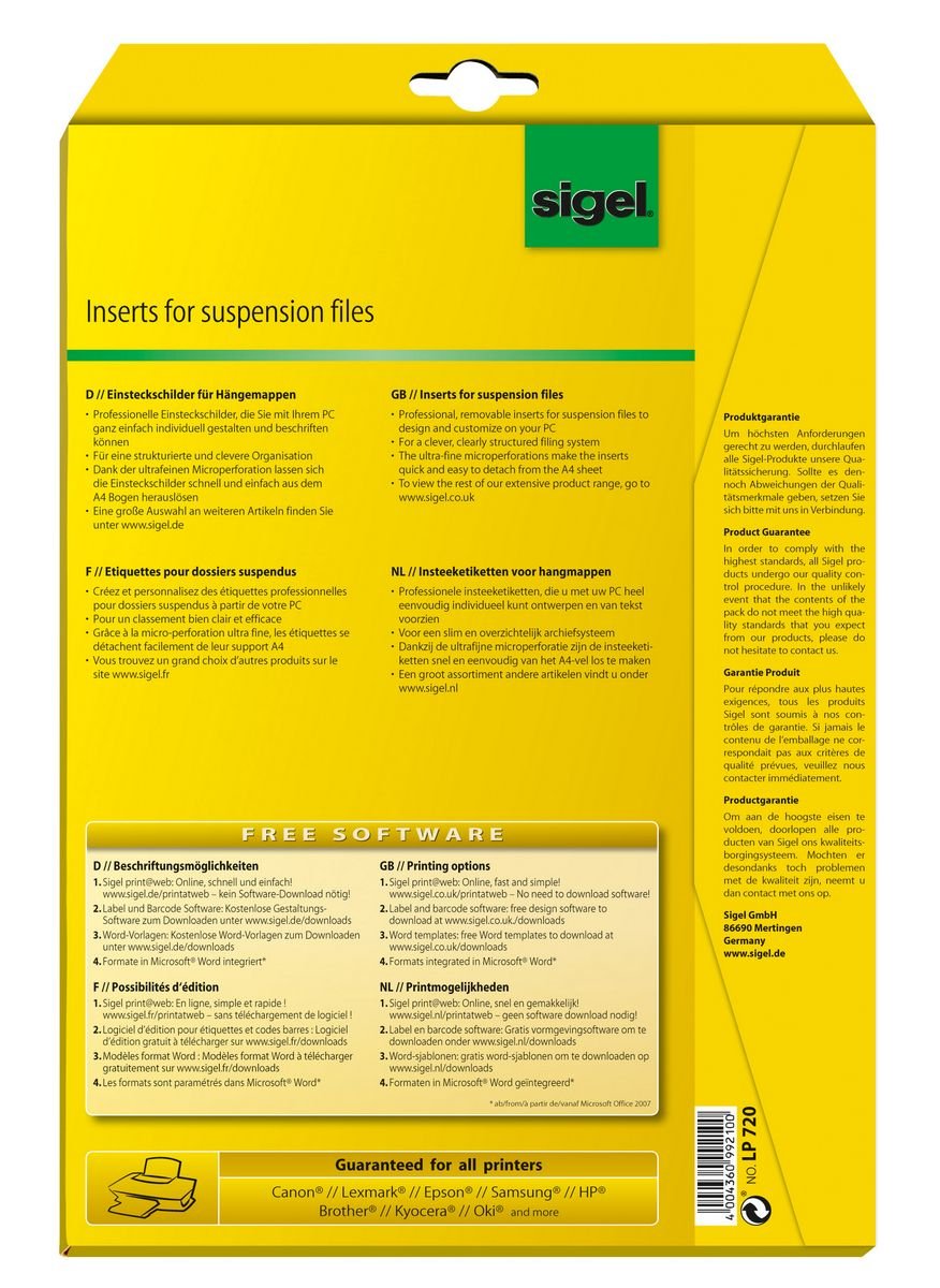 Sigel Beschriftungsschilder Para Hängeregister 6,0 X 2,1 Cm