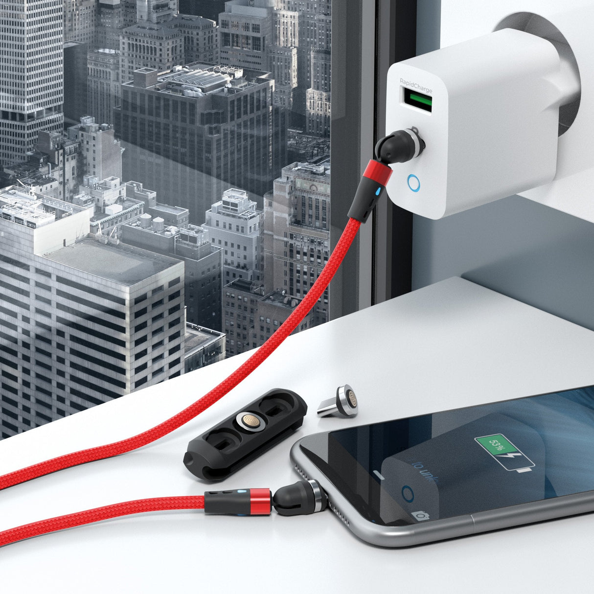 Realpower Magentic Cable,1m,2x Magnetisch,Rot Con Adaptadorn