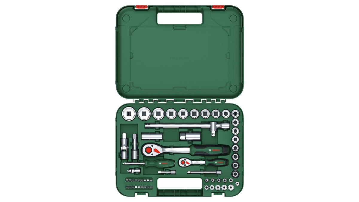 Bosch Bricolaje Y Jardín Juego De Carraca 1/2" + 1/4" Con Llaves De Vaso, 56 Piezas Verde, Par De Apriete Hasta 768 Nm, En Estuche 1600a02z9g