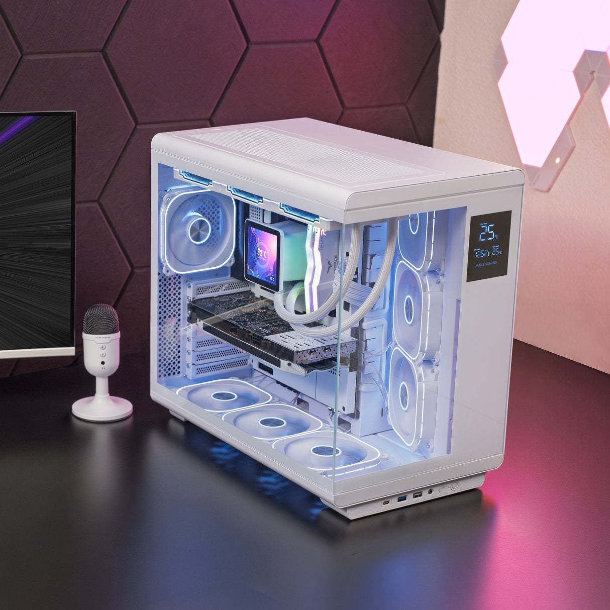 Caja Pc Atx Mars Gaming Mc-Revpro Pantalla Lcd 4.3" Cristal Templado 4x Ventiladores Argb Blanco