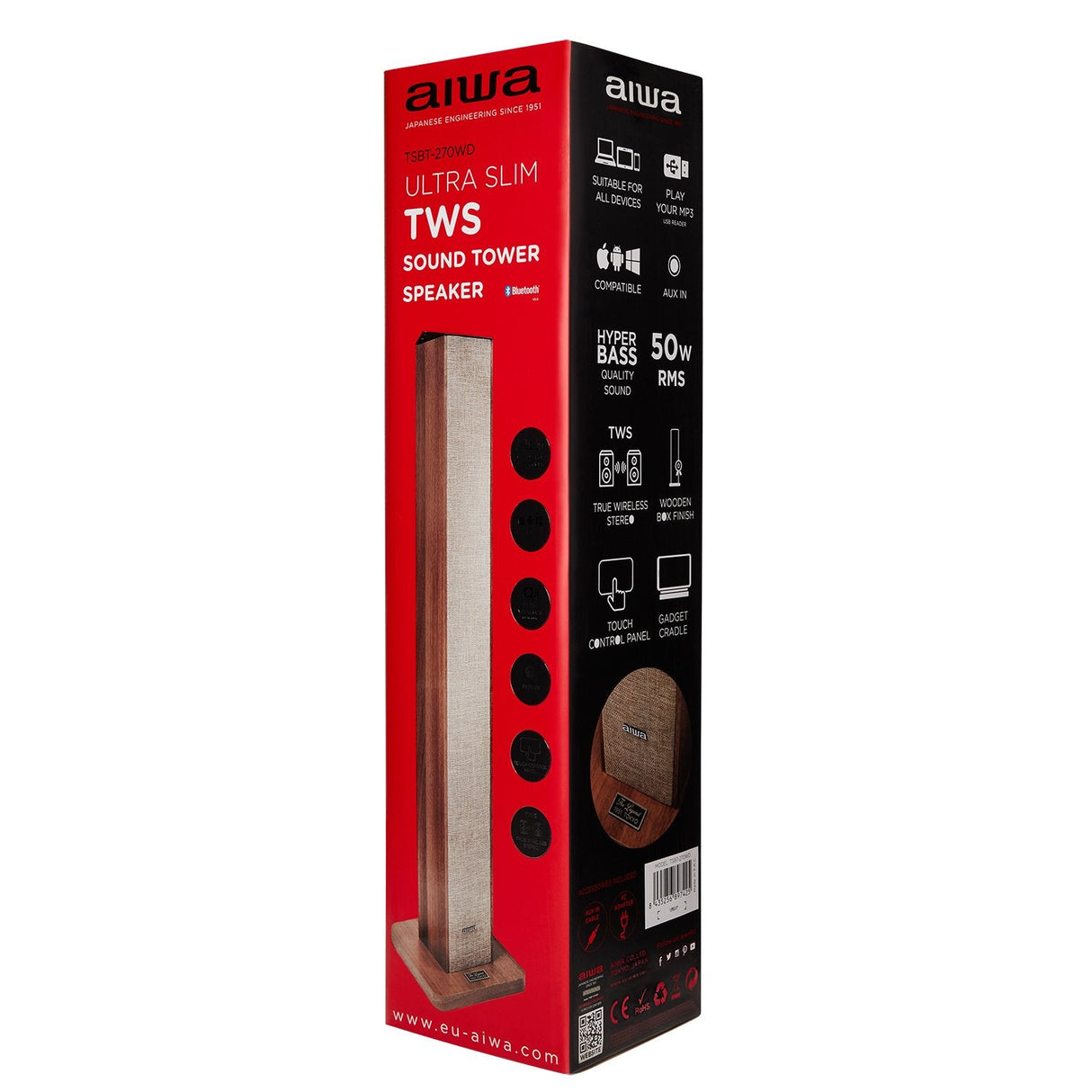 Altavoz Torre Aiwa Tsbt-270 Madera Bluetooth 5.0 Tws Salida 50w Rms Puerto Usb Y Jack 3.5mm