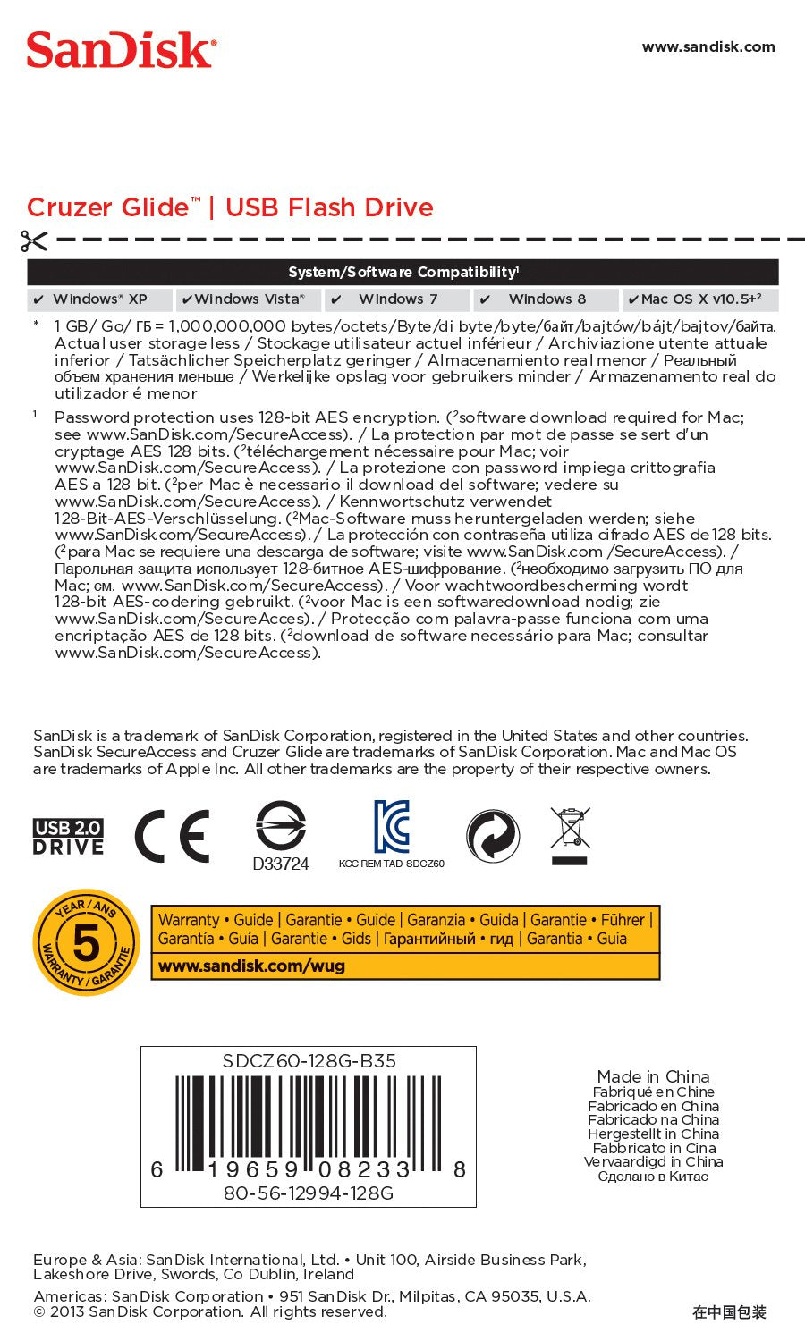 Pendrive Sandisk 128gb 2.0 Cruzer Glide Sdcz60-128g-B35