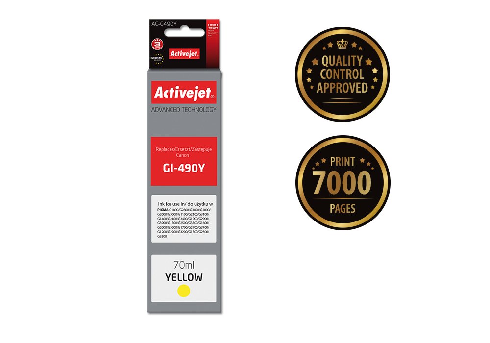 Tinta Activejet Ac-G490y (Reemplazo Para Canon Gi-490y - Supreme - 70 Ml - Amarillo)