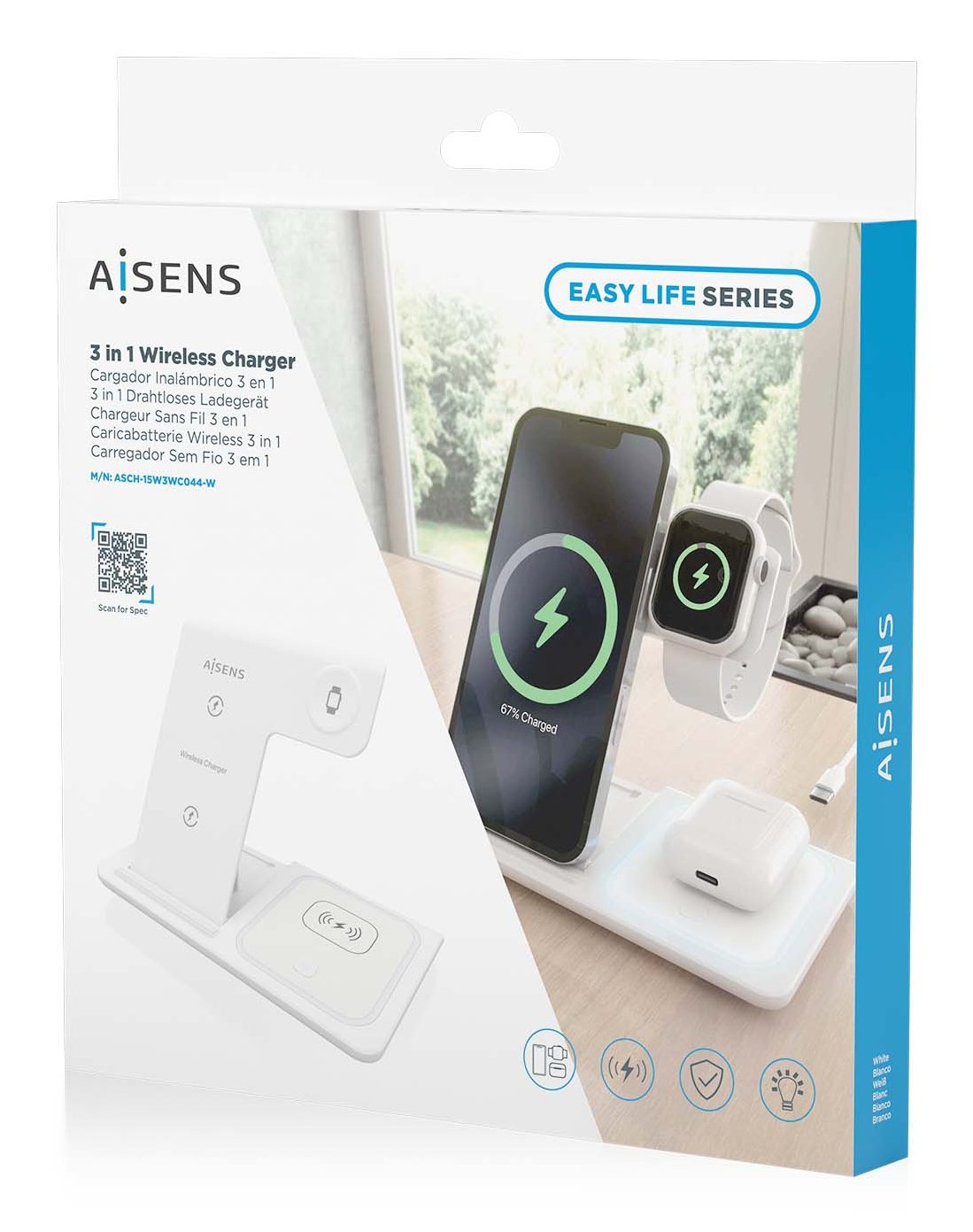 Aisens Cargador Inalambrico Usb-C 3 En 1 De 15w Para Movil, Apple Watch, Ariculares Con Estuche De Carga, Blanco