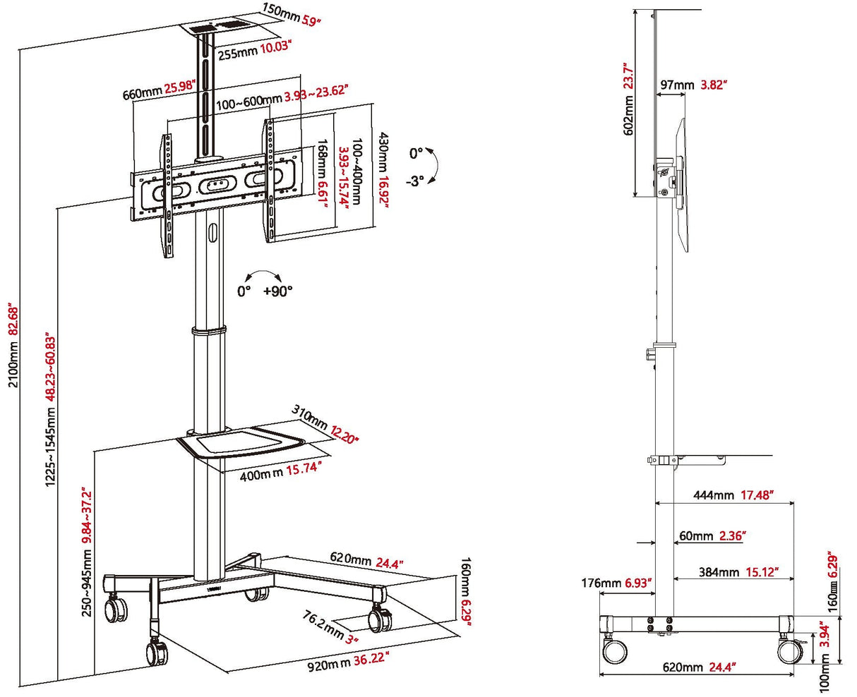 Soporte De Exhibición De Valores Vision Garantía De Por Vida Construcción De Acero El Carro Se Adapta A Pantallas De 31-80" Con Tamaños Vesa De Hasta 600 X 400 Gira De Vertical A Horizontal Ajuste De Altura Manual Que Se Puede Bloquear Para