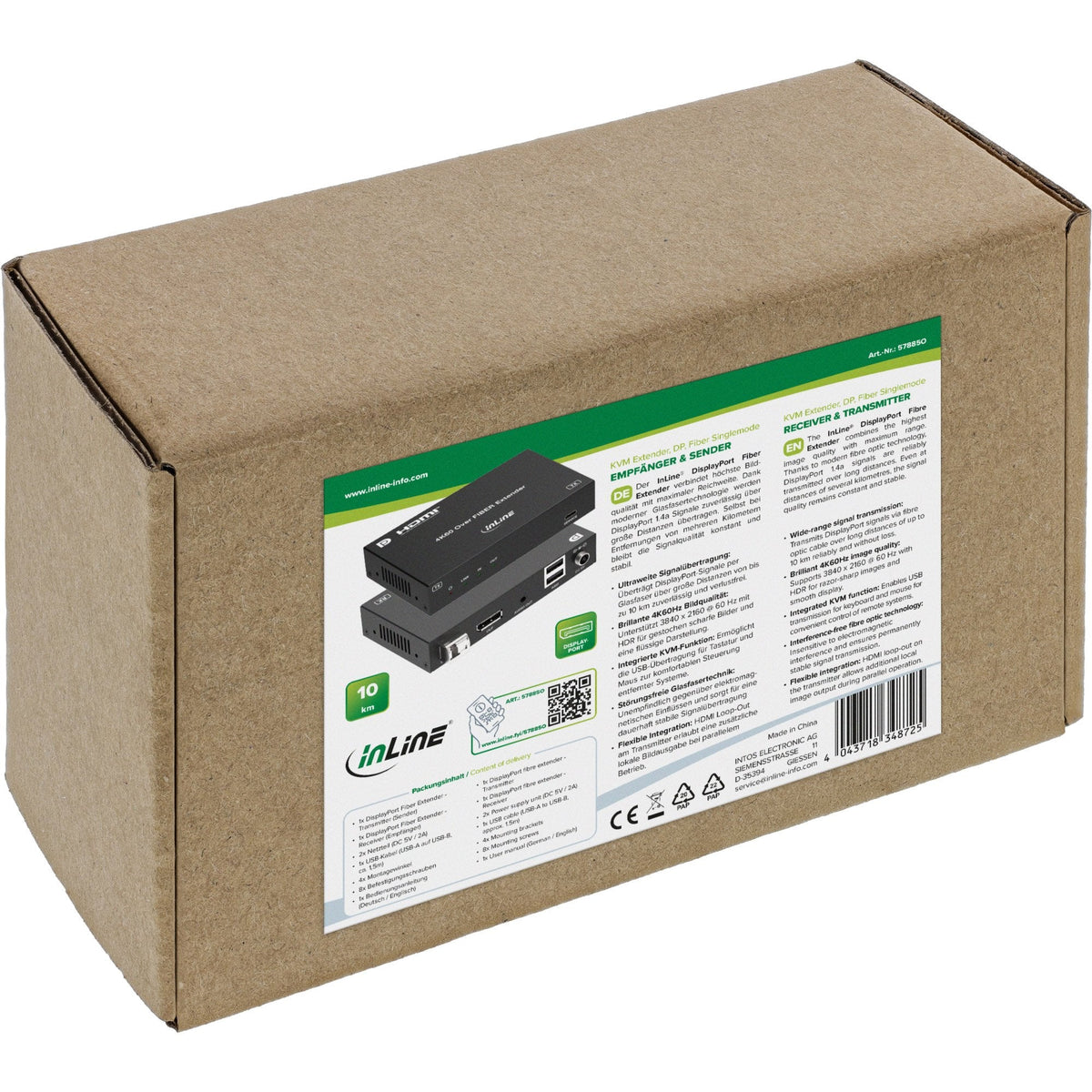 Kvm Extender, Displayport 4k/60hz, Fiber Singlemode, 10km , Set Inline