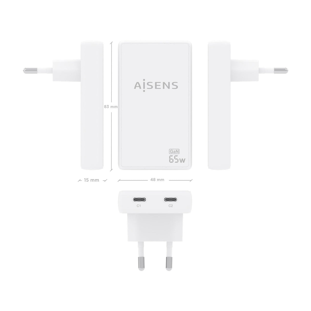 Aisens Cargador De Pared Gan Ultra Delgado 65w, 2xusb-C Pd3.0 Qc4.0, Blanco