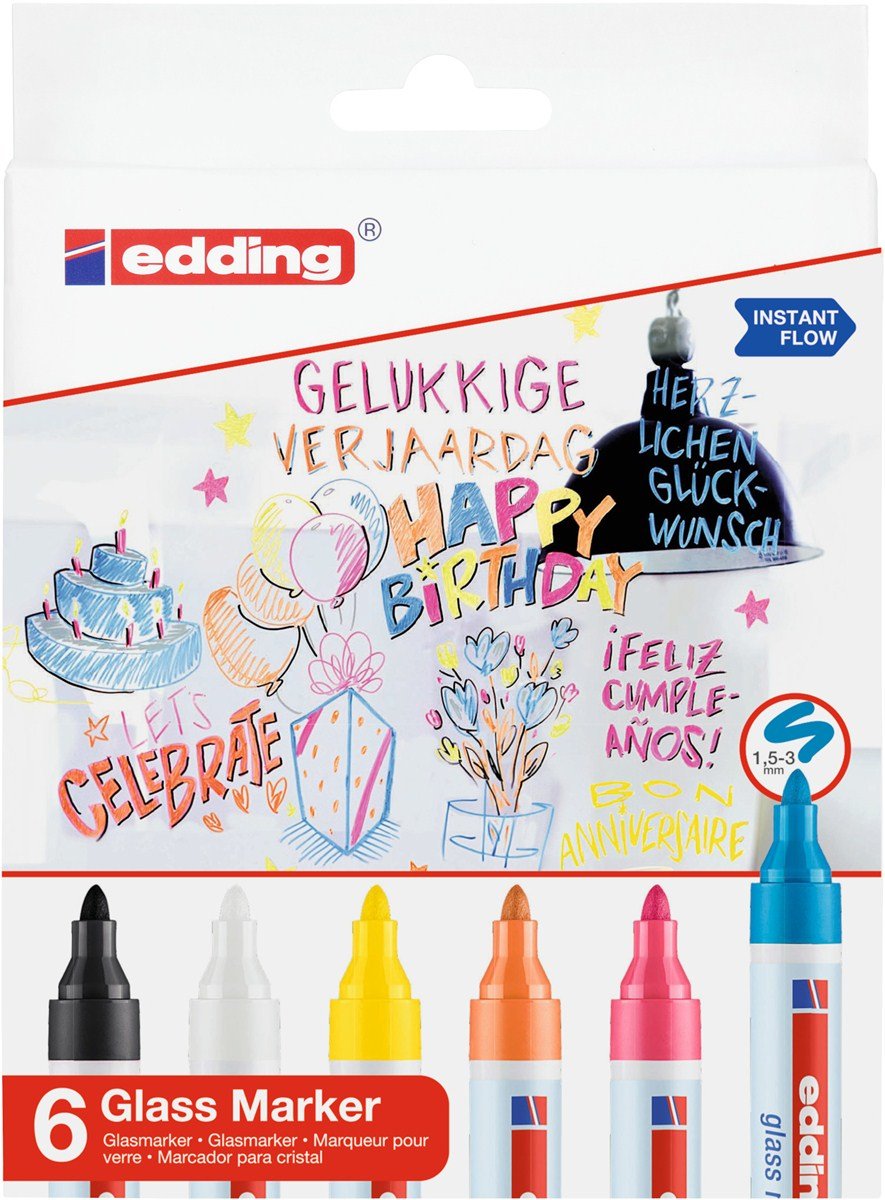 EAN 4057305045614 - Edding 95 Glass marcador 6 pieza(s) Punta redonda Negro, Azul, Naranja, Rosa, Blanco, Amarillo imagen 2