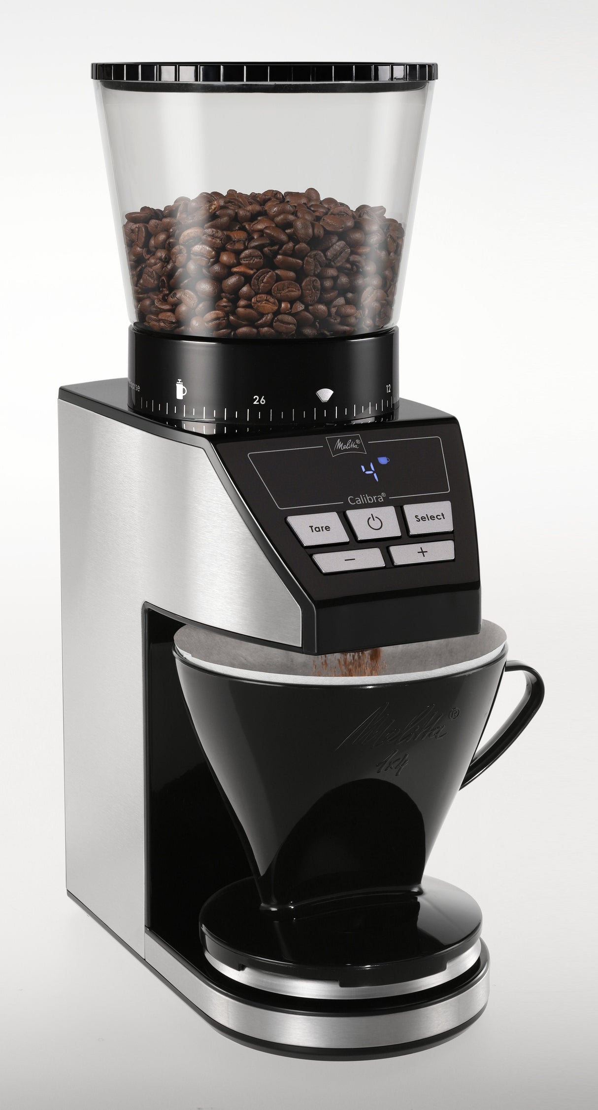 Molinillo De Café Melitta Calibra 1027-01 Eléctrico Cónico Con 39 Ajustes De Molienda, Apto Para Distintas Cafeteras, Moledor De Café Con Báscula Digital Y Pantalla Lcd, 200?G, Negro