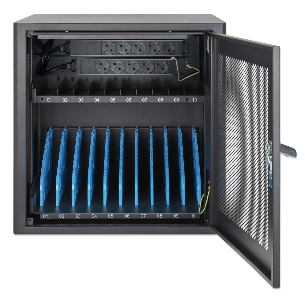 Manhattan Laptop Charging Cabinet Desktop Via Ac Adapter (Eu) 10-Bay, Install Device'S Ac Adapter (Power Cables) Into Unit, Suitable For All Laptops (To 16"), Ipads, Macbooks, Chromebooks, Other Portable Devices, Bays 380x30x280mm, Cart, Lo