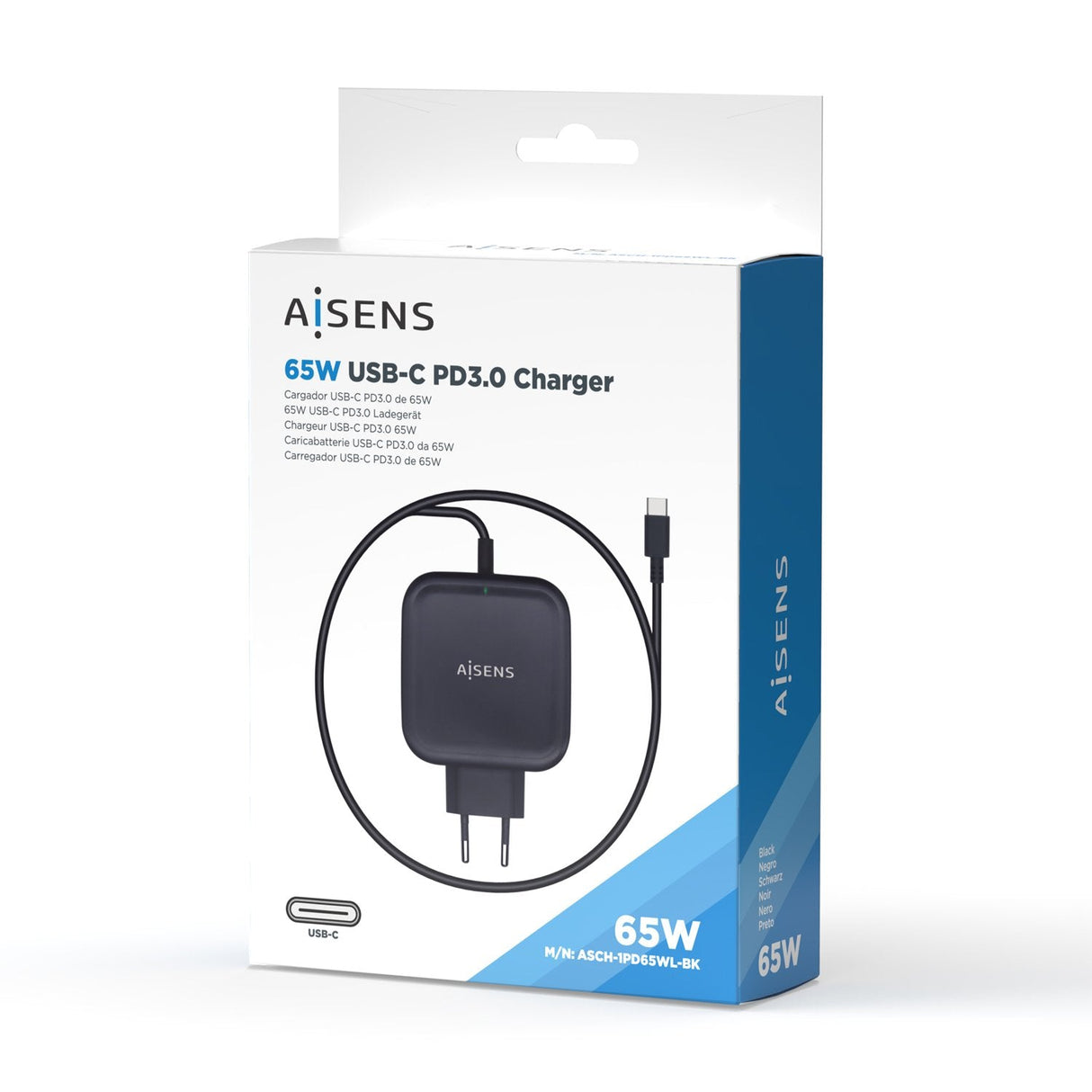 Aisens Cargador 65w Pd3.0 Qc3.0 1xusb-C 1.2m - Negro