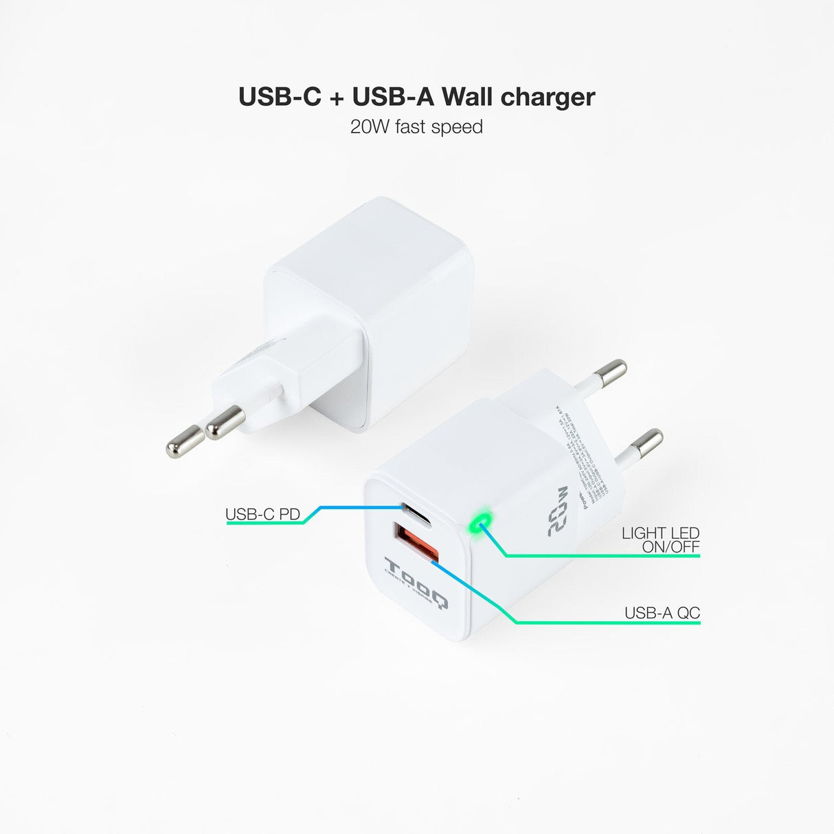 Tooq Cargador De Pared Usb-C/Pd + Usb-A/Qc 20w - Blanco