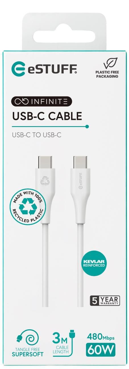 Infinite Usb-C To Usb-C Cable - 3m White. Recycled Plastic. - Super Soft - Warranty: 60m