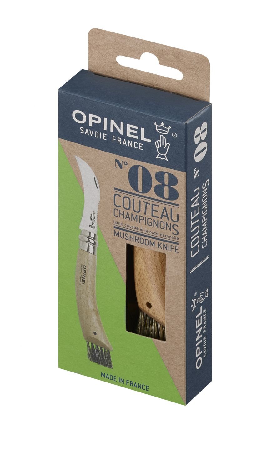 Opinel Cuchillo Para Champiñones Nº8 Con Cepillo Para Eliminar Tierra, Mango De Madera Natural De Haya Barnizada, Hoja Delgada Con Curva Dentada
