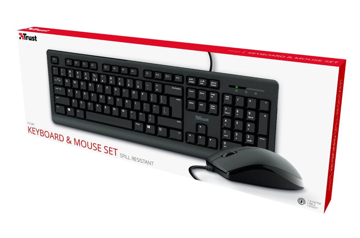 Trust Primo Teclado & Ratón Set, Con Cable, Deutsches Qwertz-Layout, Flüssigkeitsgeschützt