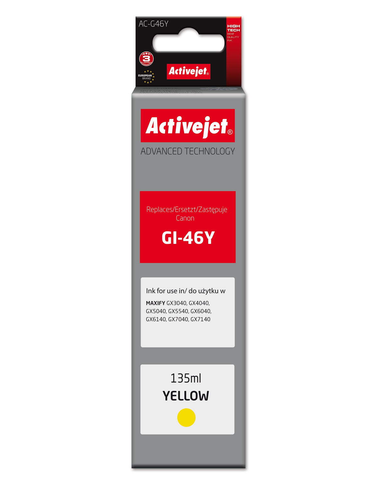 Activejet Ac-G46y Botella De Tinta Para Impresora Canon, Equivalente A Canon Gi-46y; Supreme; 135 Ml; Amarillo