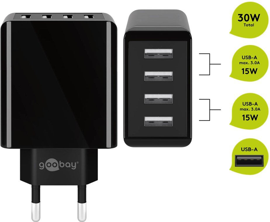 Goobay Cargador Pared Usb A 4 Tomas Negro Usb 3a, 30w