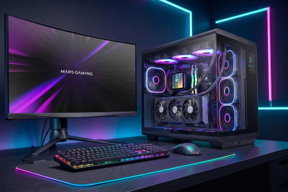 Caja Pc Atx Mars Gaming Mc-Revpro Pantalla Lcd 4.3" Cristal Templado 4x Ventiladores Argb Black