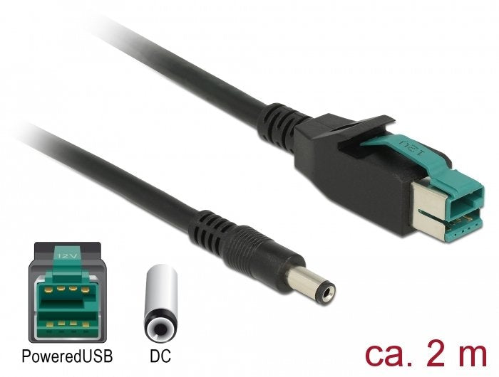 Delock 85498 Cable Poweredusb Macho 12 V > Dc 5,5 X 2,1 Mm, Macho De 2 M Para Impresoras Y Terminales De Punto De Venta