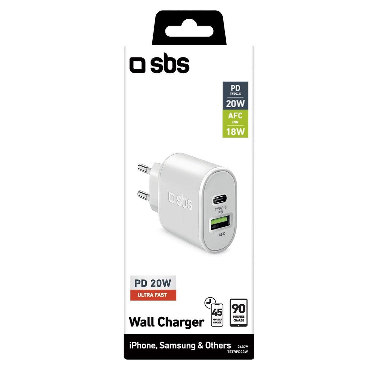 Cargador De Pared Sbs 1xusb Type C Pd 20w + 1 Usb 2.1a Para Iphone