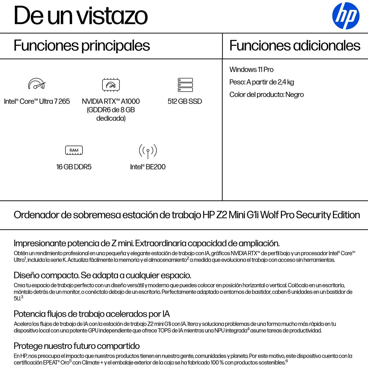 EAN 0199251415012 - HP Z2 G1i Wolf Pro Security Edition Intel Core Ultra 7 265 16 GB DDR5-SDRAM 512 GB SSD NVIDIA RTX A1000 W imagen 3