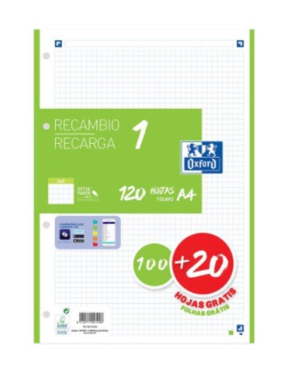 Oxford Recambio Classic 1 Color 100h + 20h Gratis A4 90gr 5x5mm 4/Taladros Banda Verde